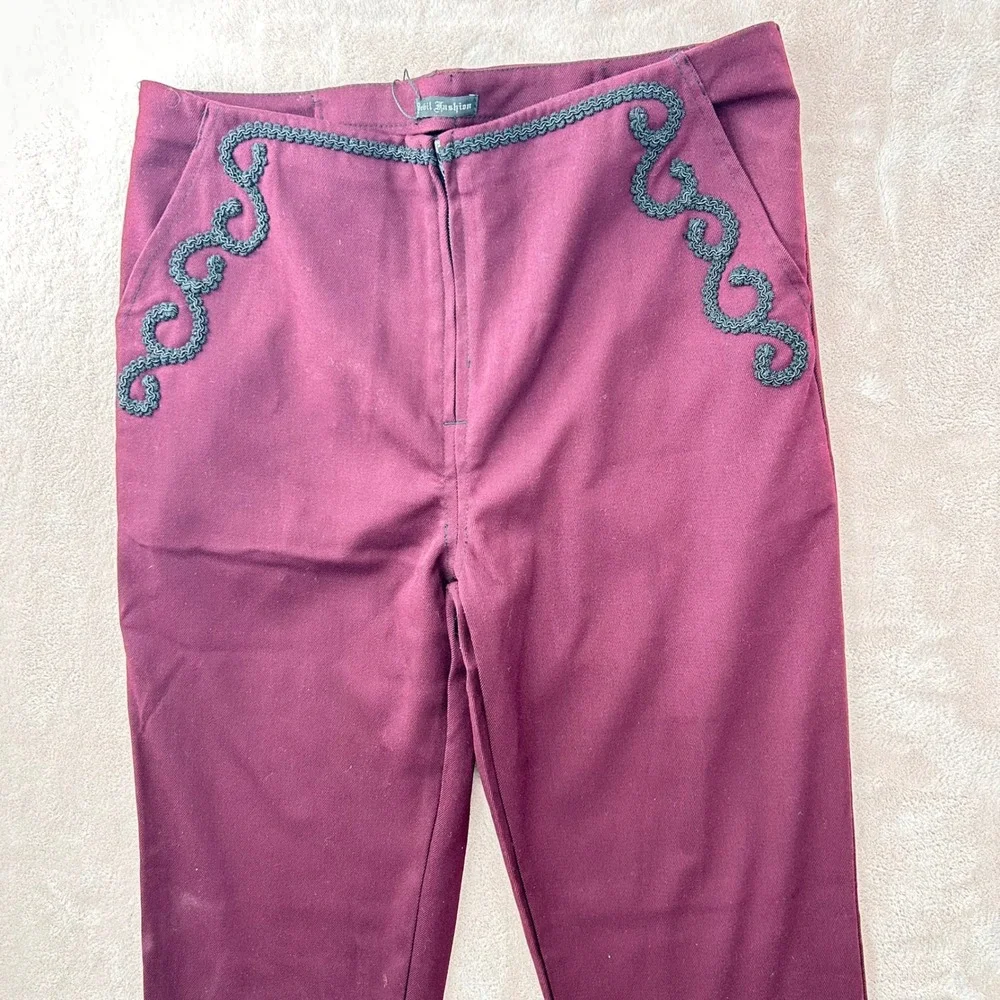 Devil Fashion Mens Burgundy Gothic Victorian Braided Scrollwork Trousers Pants